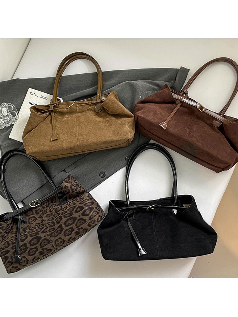 Vintage Suede Tote Bag Large Capacity Brown Leopard