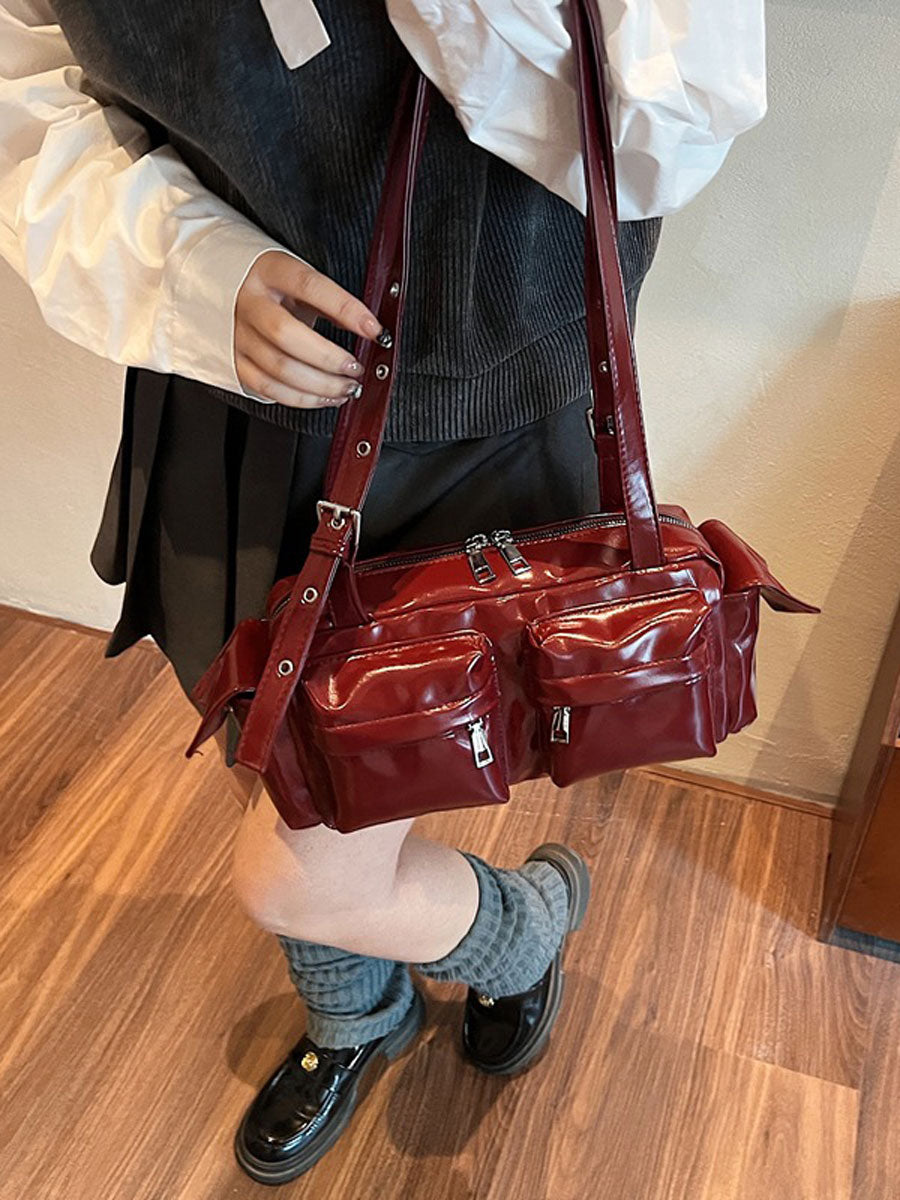 Glossy Vegan Leather Shoulder Bag Black
