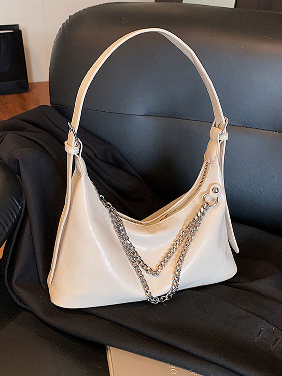 Chic Leather Underarm Bag with Chain White