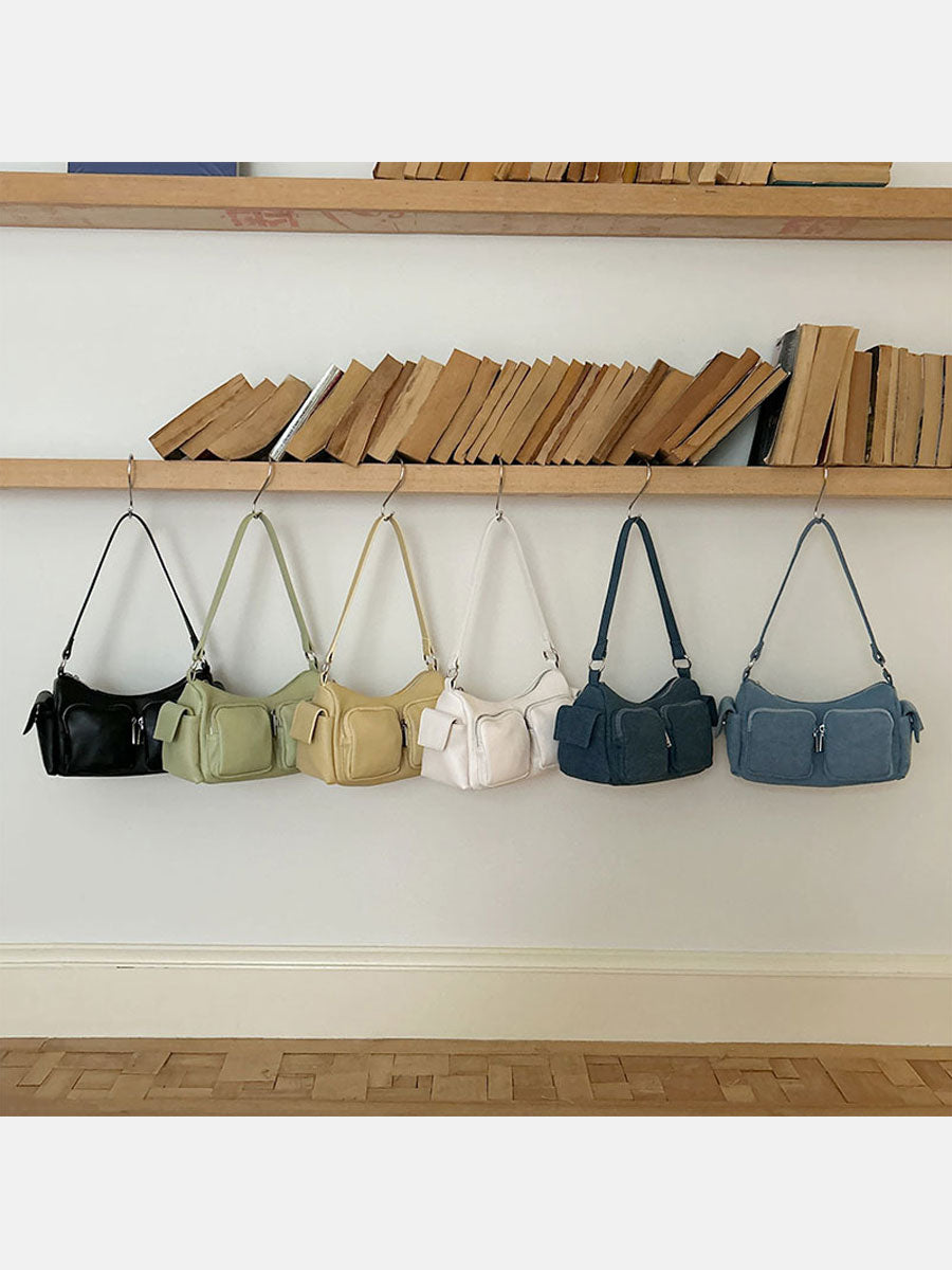 Trendy Shoulder Baguette Bag with Pockets White