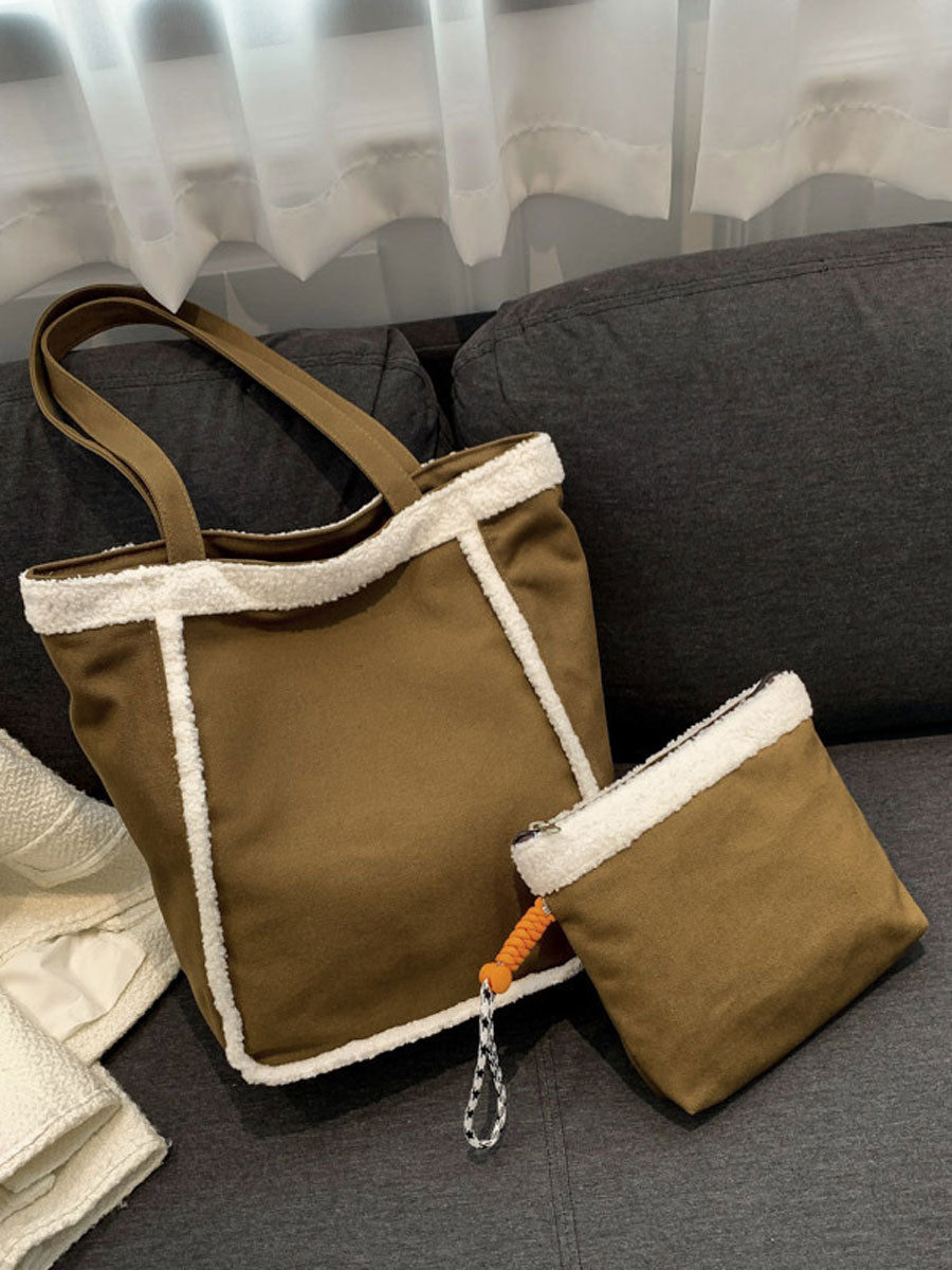Cozy Sherpa Trim Tote Bag Black