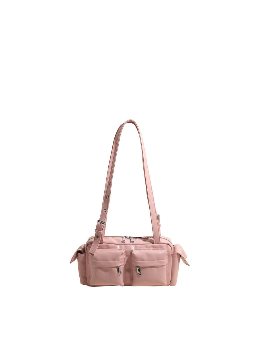 Glossy Vegan Leather Shoulder Bag Black