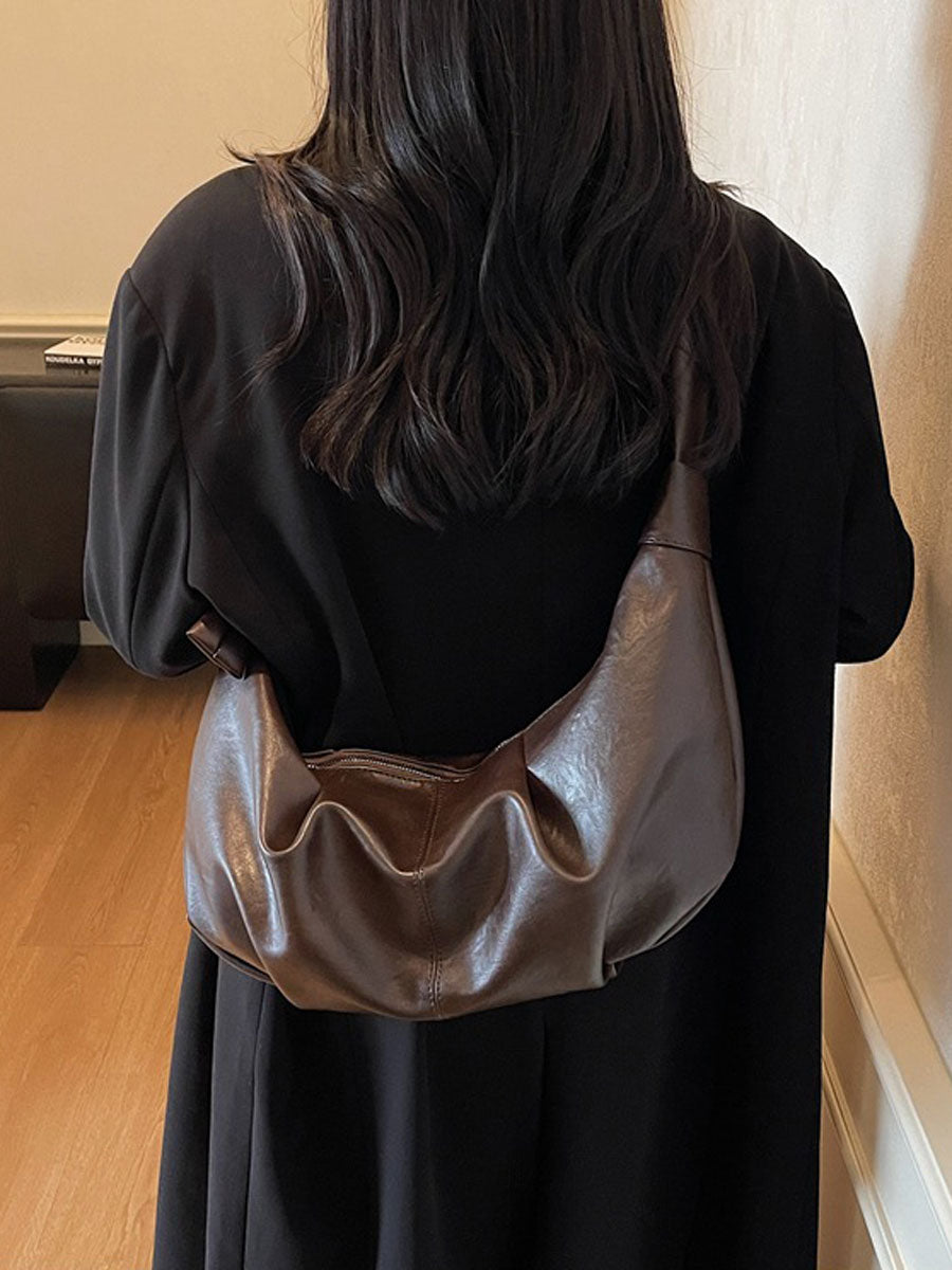 Soft Leather Hobo Shoulder Bag Coffee