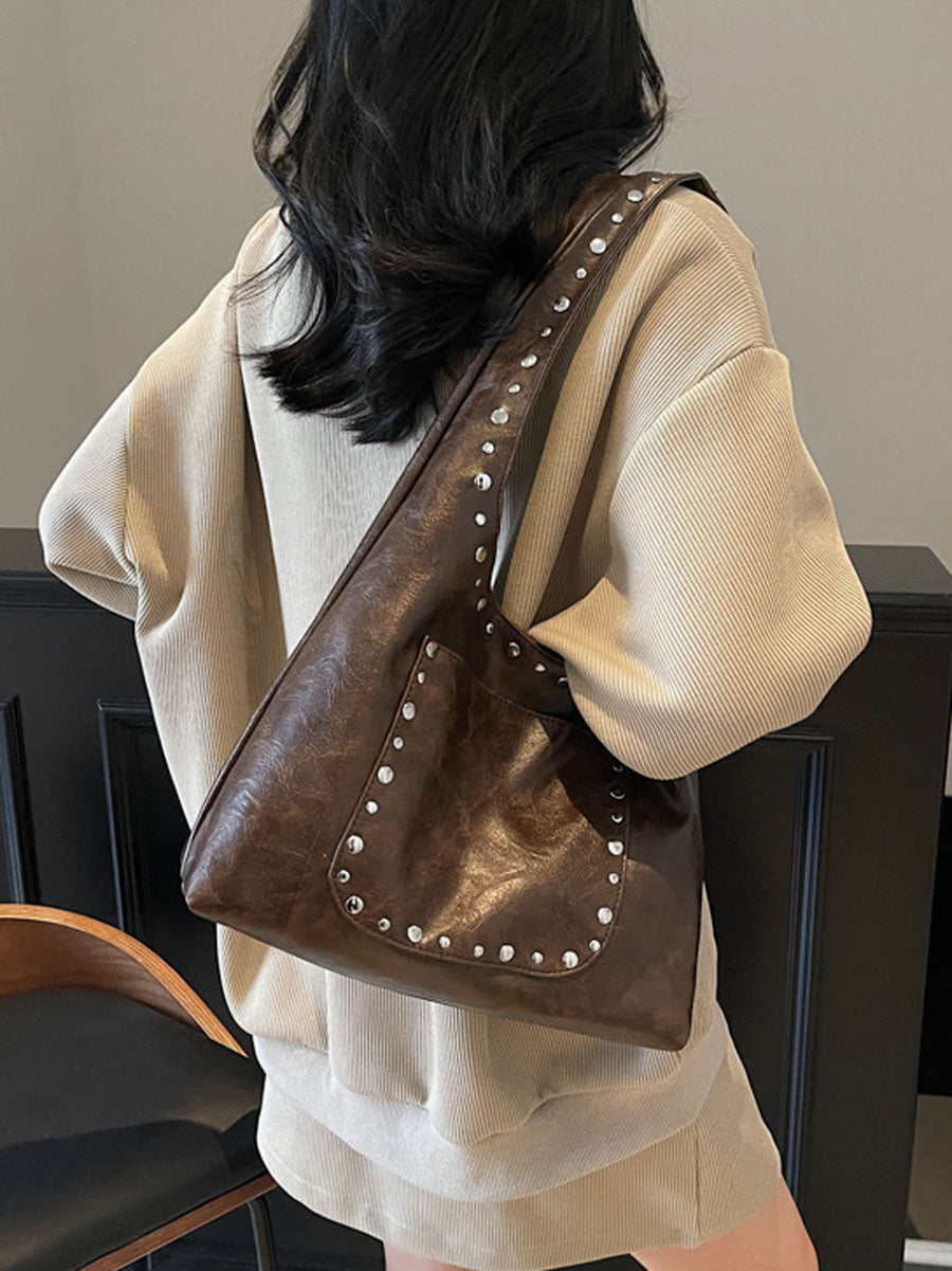 Studded Soft Leather Shoulder Tote Handbag Beige