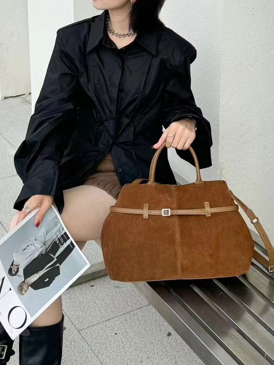 Vintage Suede Tote Bag With Strap Brown Leather