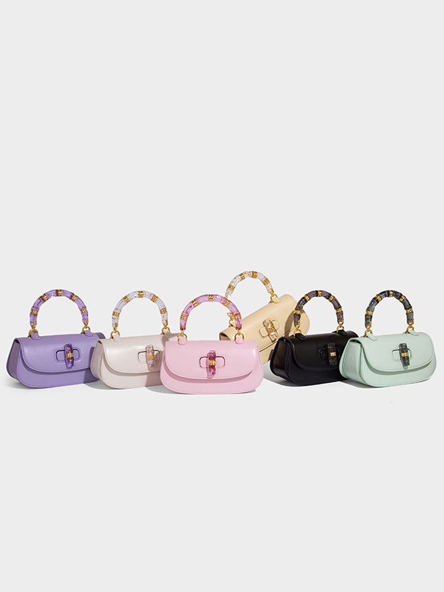 Macaron Leather Saddle Bag with Crystal Handle Black