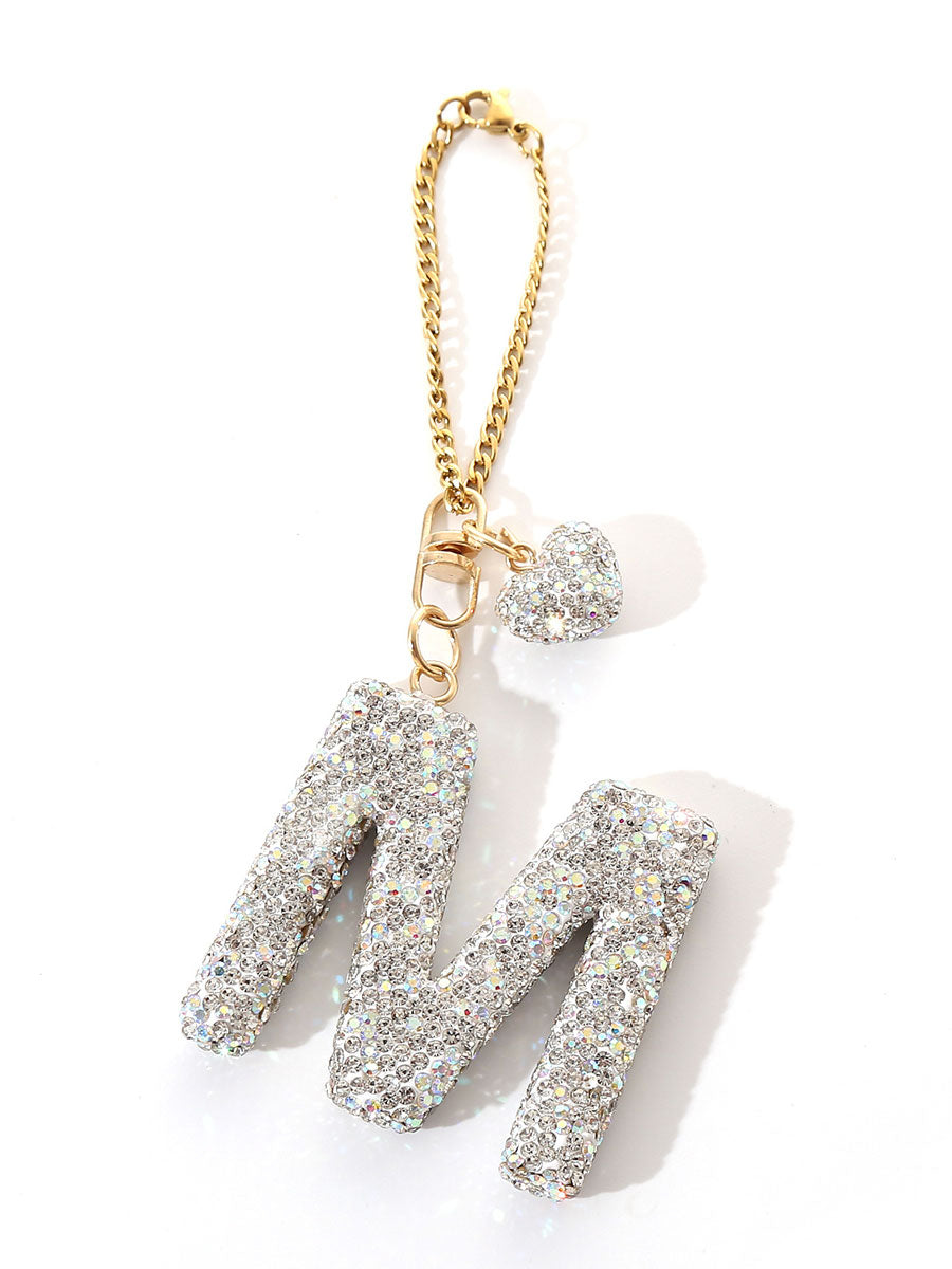 Custom Rhinestone Letter Heart Keychain