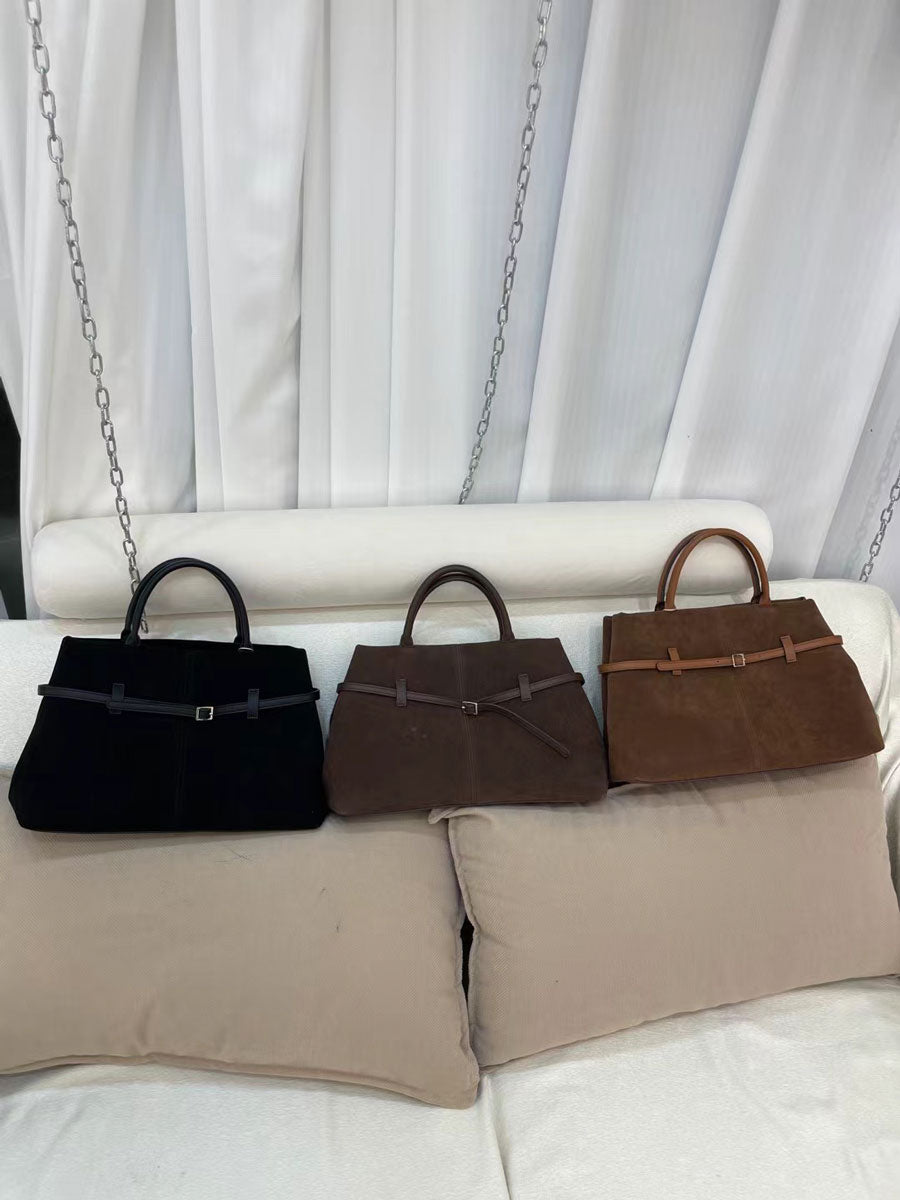 Vintage Suede Tote Bag With Strap Brown Leather