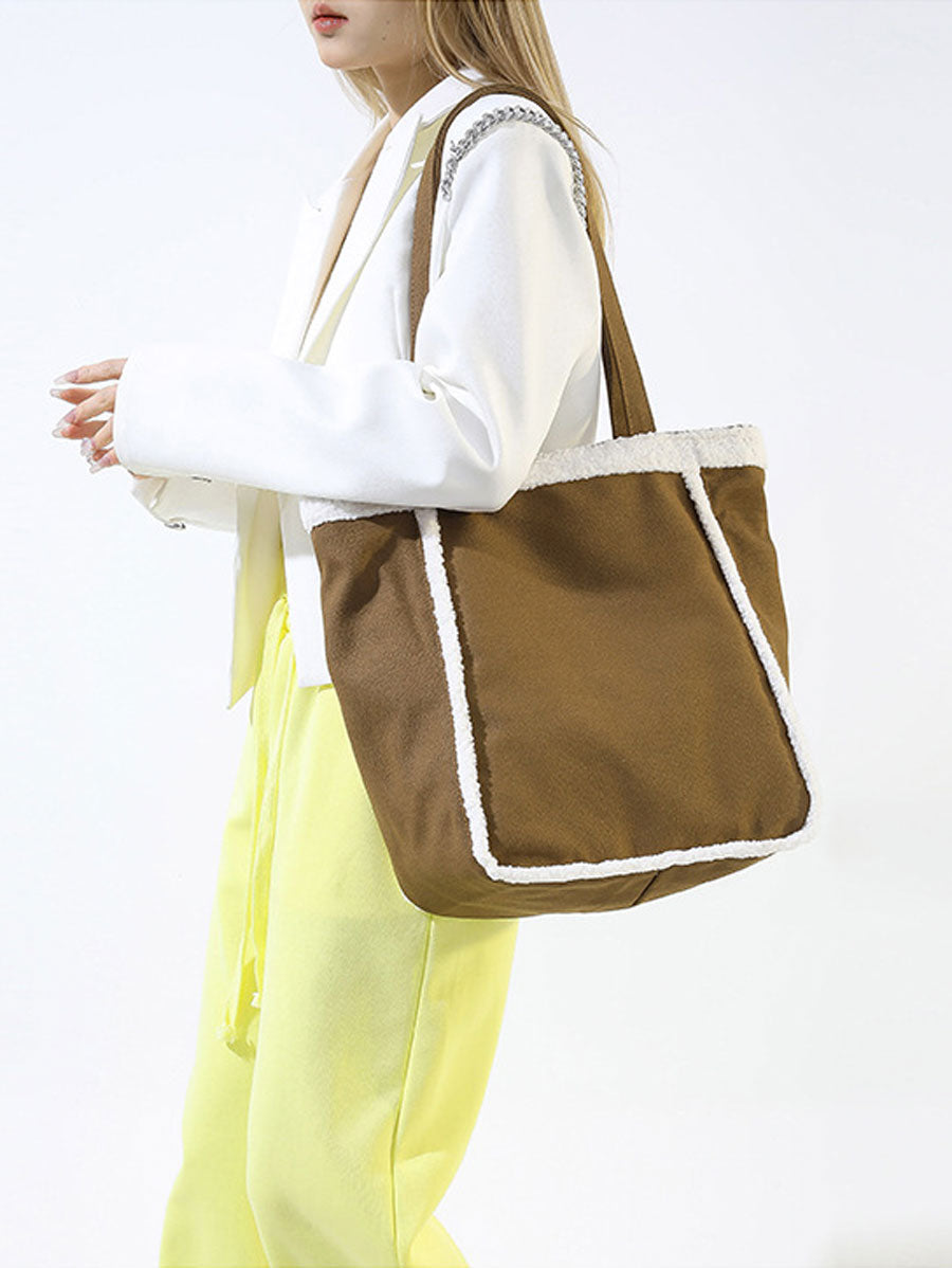 Cozy Sherpa Trim Tote Bag Black