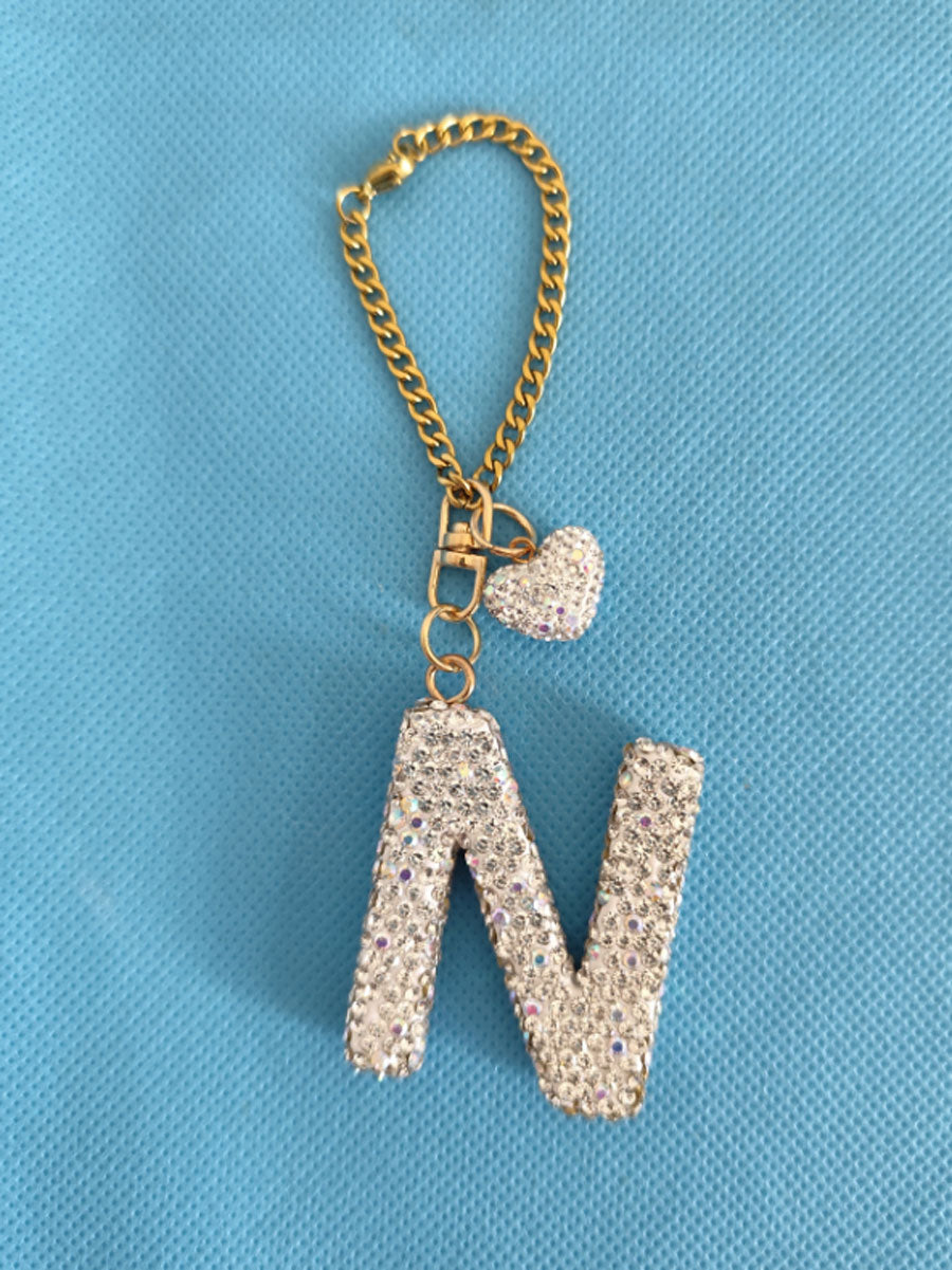 Custom Rhinestone Letter Heart Keychain
