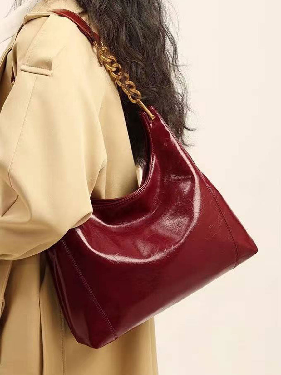 Elegant Red Glossy Shoulder Bag Black
