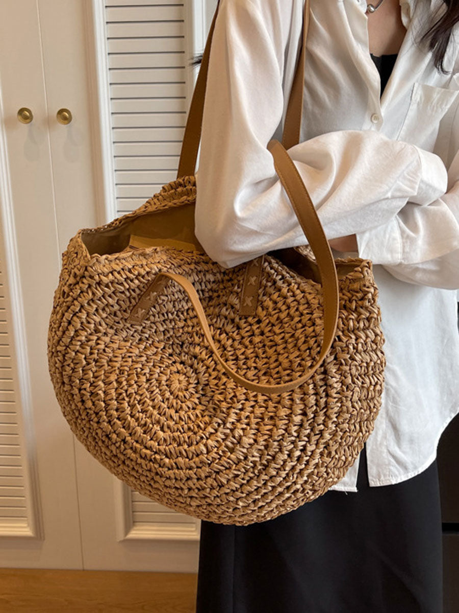 Large Woven Straw Tote Bag Khaki