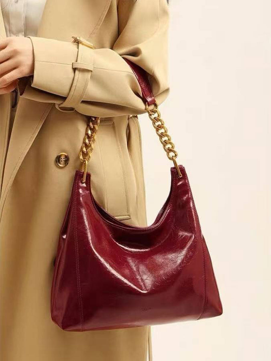 Elegant Red Glossy Shoulder Bag Black