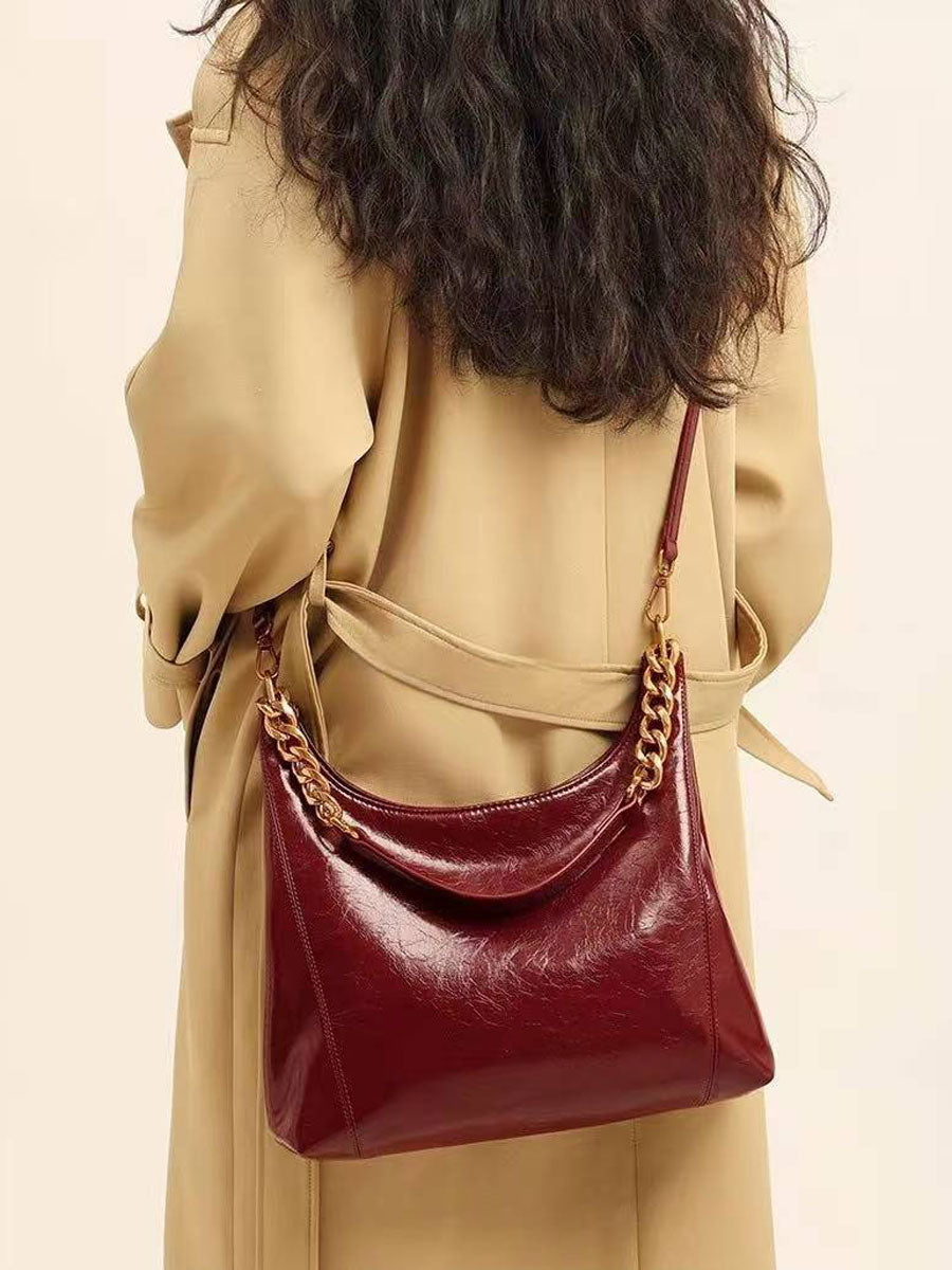 Elegant Red Glossy Shoulder Bag Black