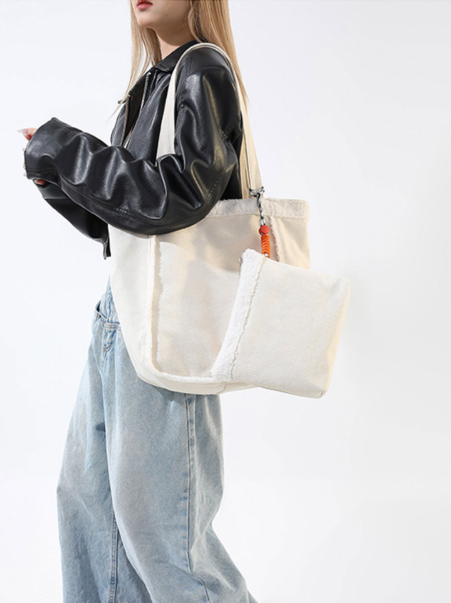 Cozy Sherpa Trim Tote Bag Black