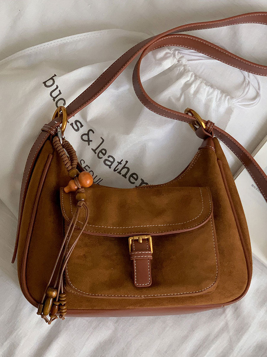 Vintage Suede Commuter Shoulder Bag Khaki