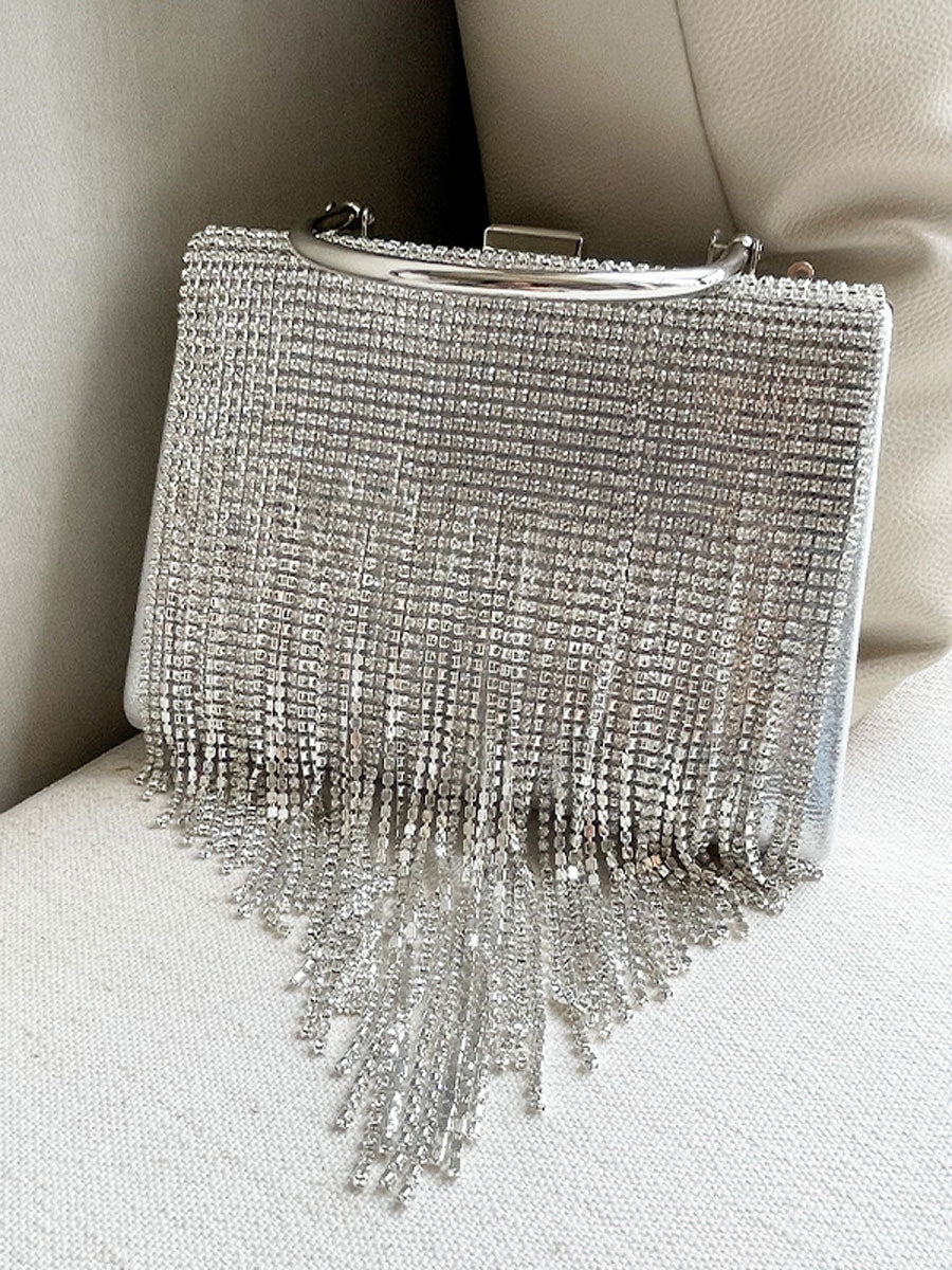 Box Rhinestone Tassel Handbag Silver