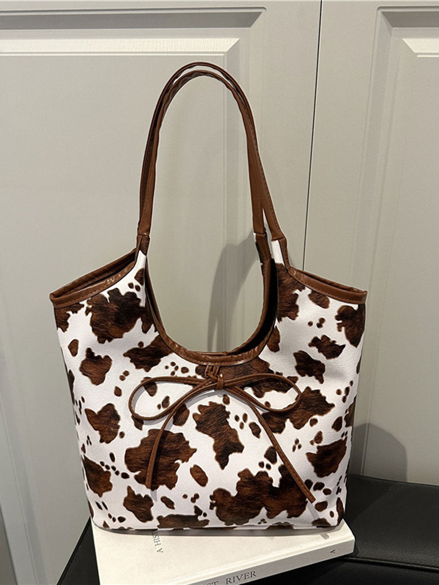 Cow Print Tote Bag with Bow Brown