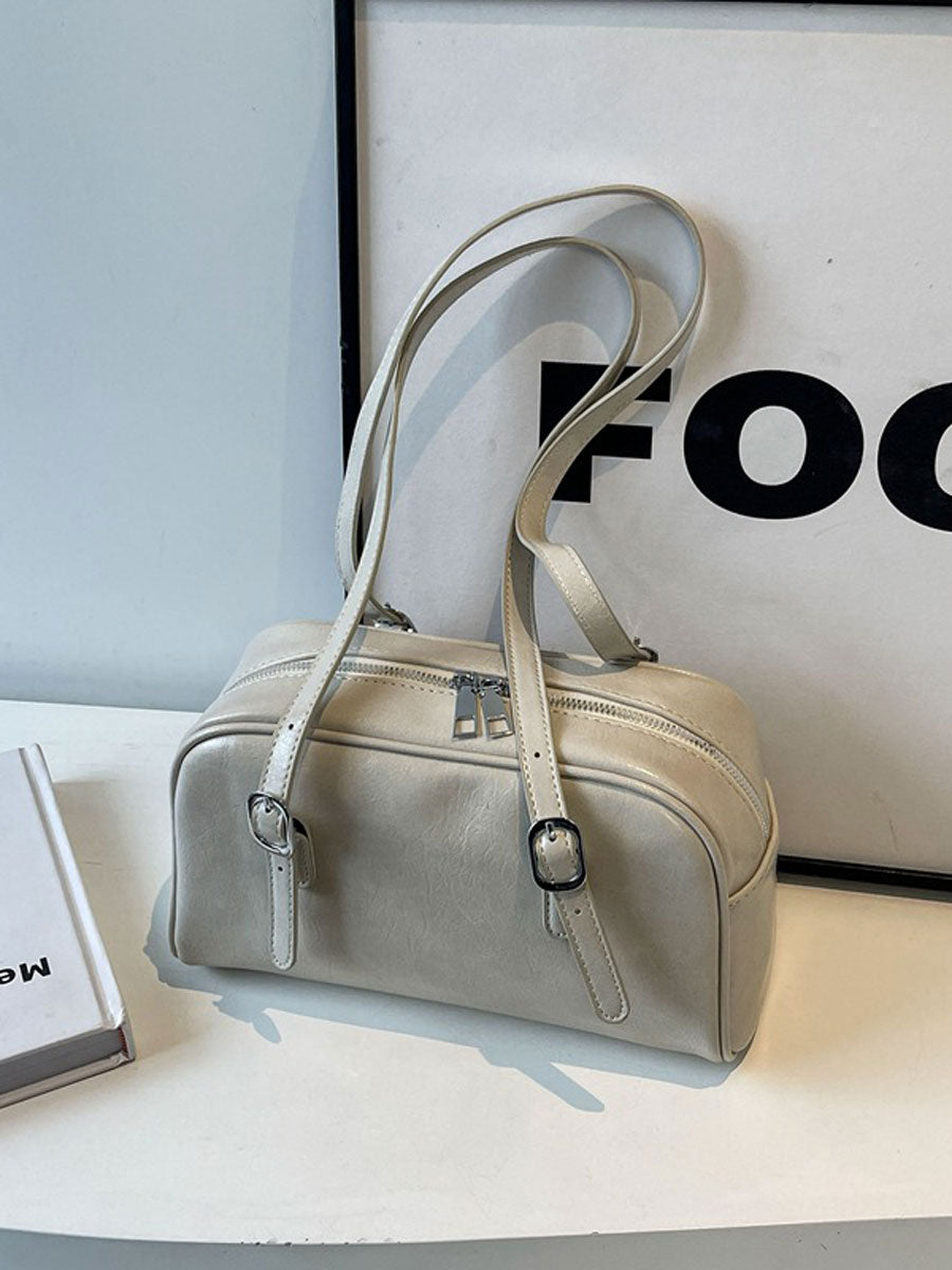 Vintage Boxy Leather Baguette Handbag White