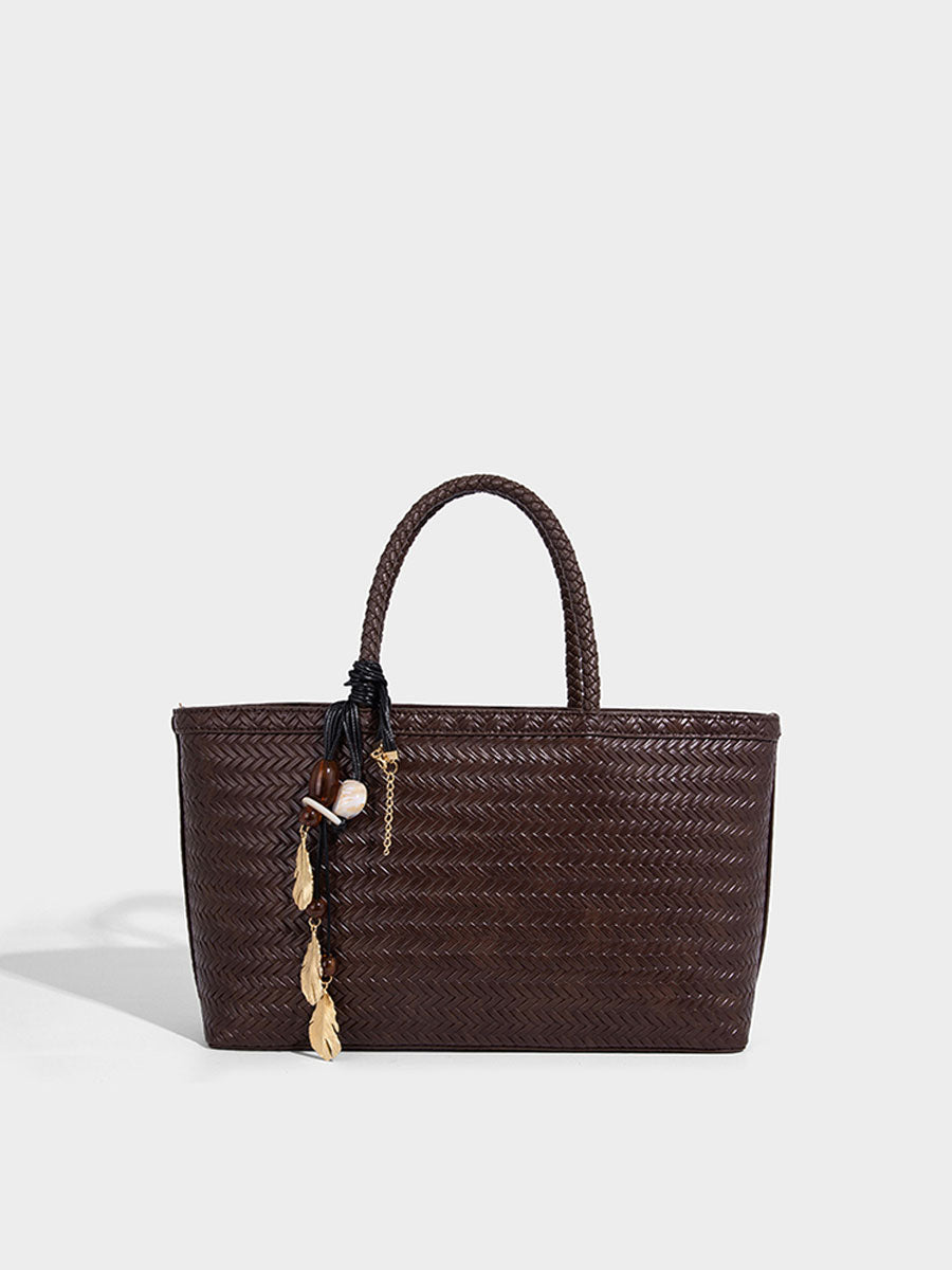 Real Leather Woven Tote Basket Bag White