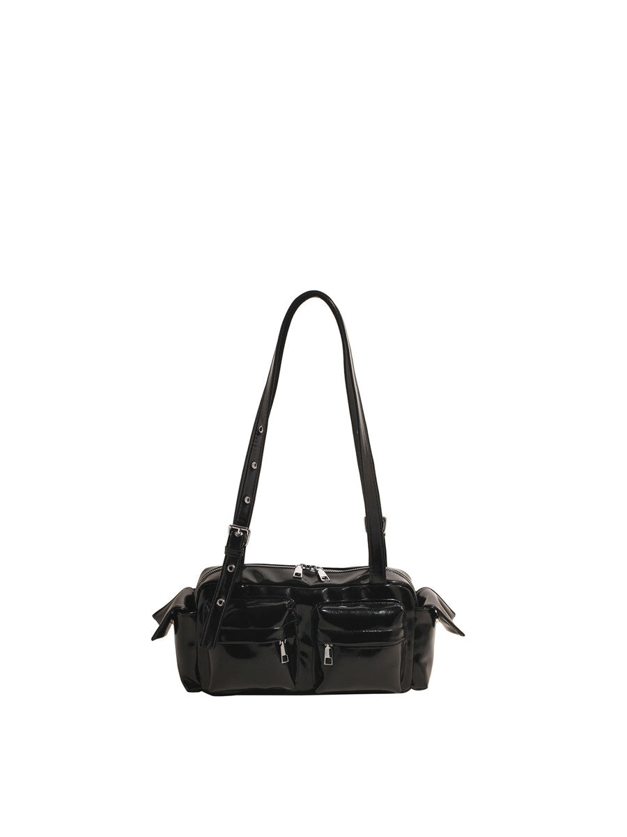 Glossy Vegan Leather Shoulder Bag Black