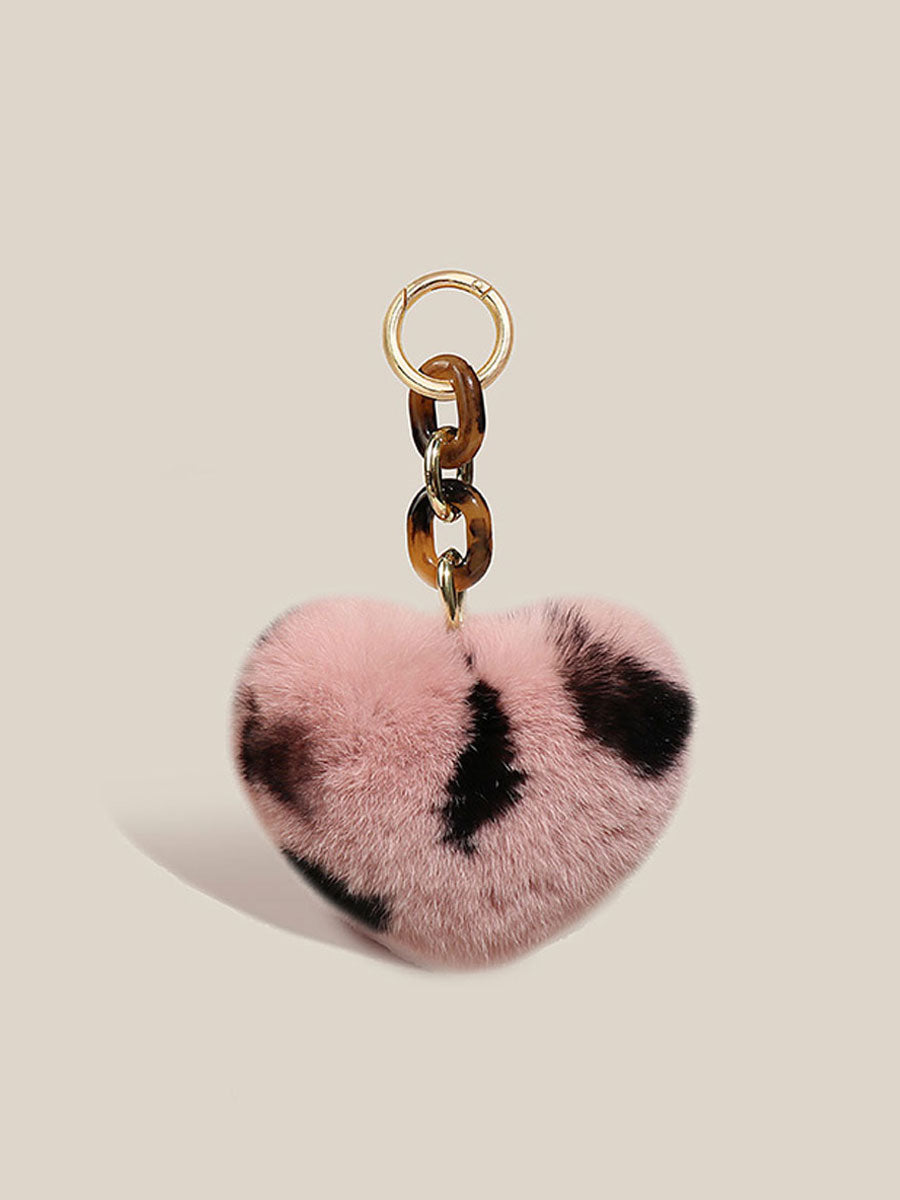 Real Rabbit Fur Leopard Heart Keychain