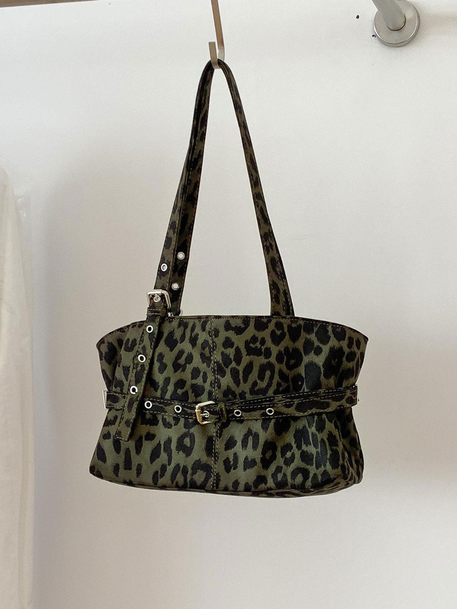 Leopard Print Oversized Shoulder Bag Green