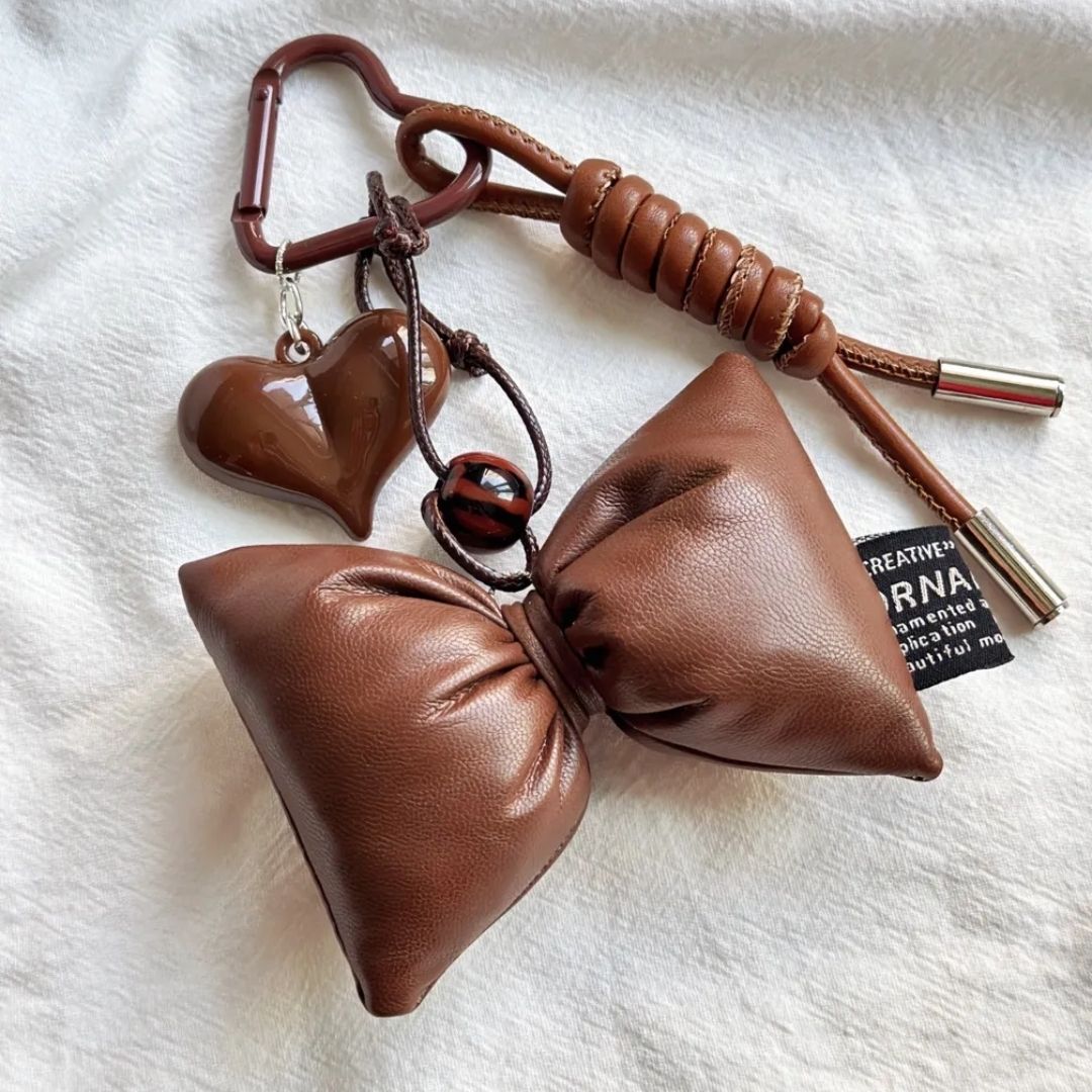 Brown Leather Bow-knot & Tennis Ball Bag Charm