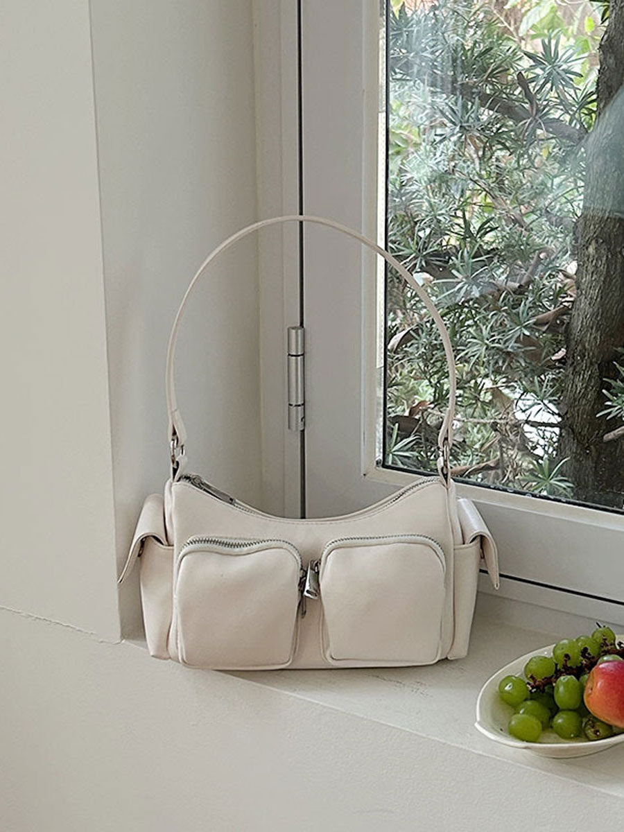 Trendy Shoulder Baguette Bag with Pockets White