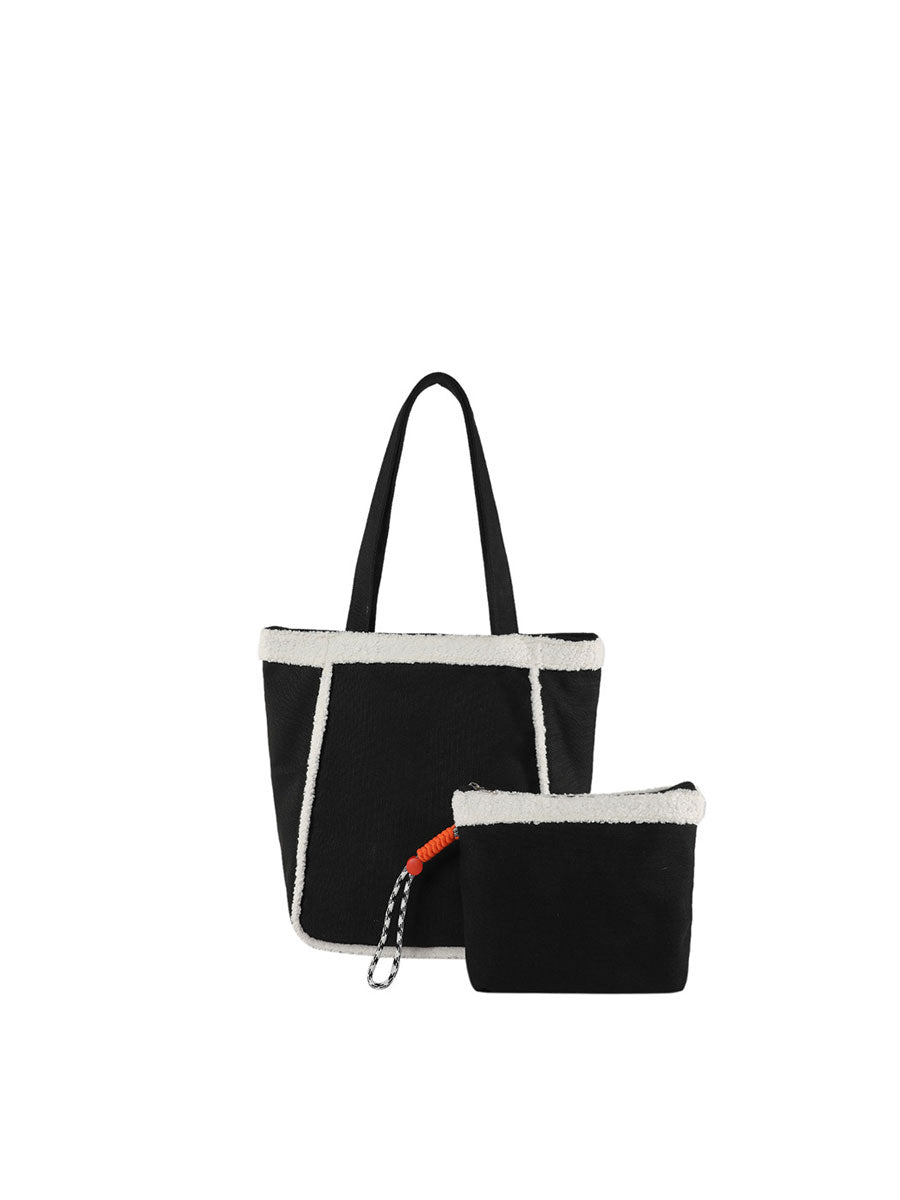Cozy Sherpa Trim Tote Bag Black