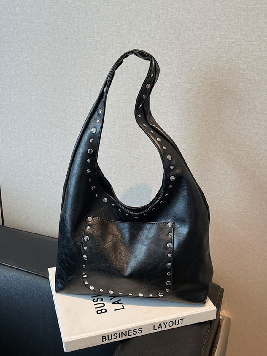 Studded Soft Leather Shoulder Tote Handbag Beige