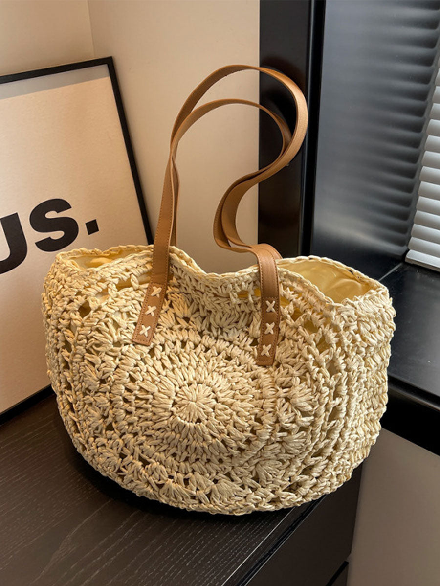 Large Woven Straw Tote Bag Khaki