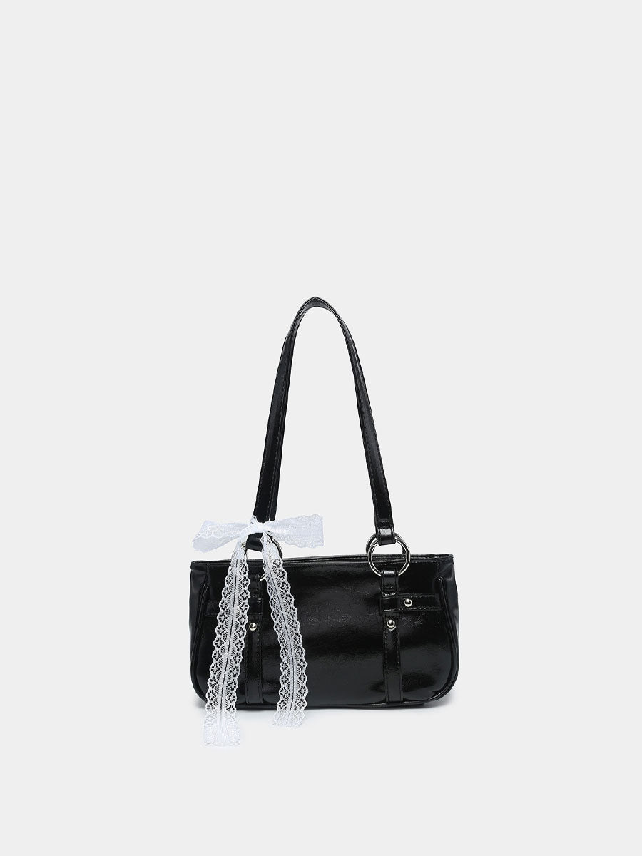 Vintage Shoulder Bag with Lace Bow Black