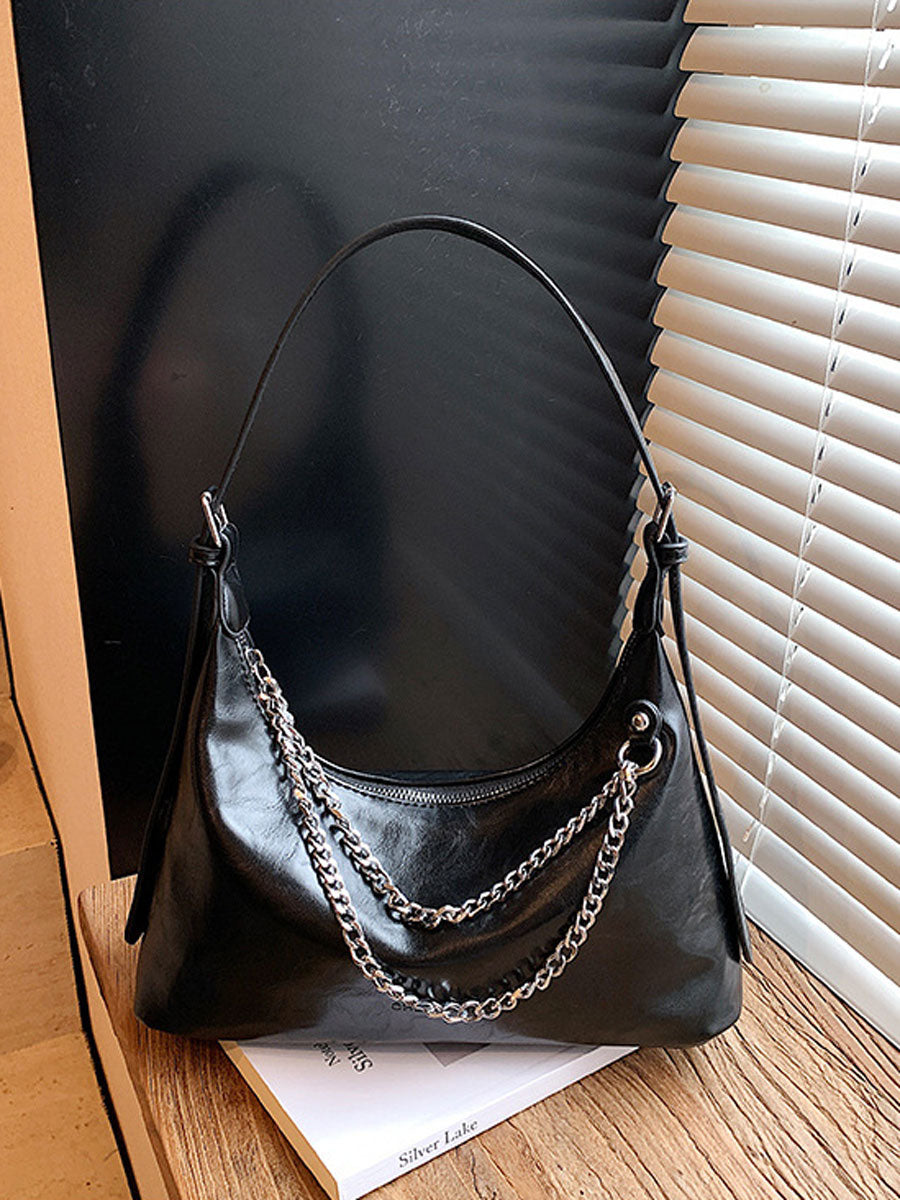 Chic Leather Underarm Bag with Chain White