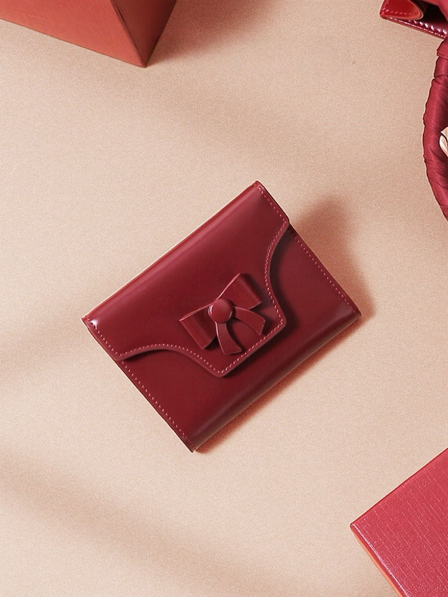 Genuine Leather Bow Short Wallet Red