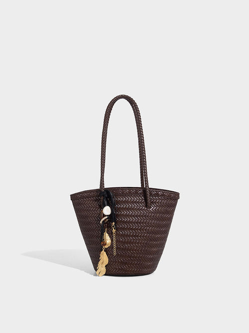 Boho Real Leather Woven Bucket Tote Bag Coffee