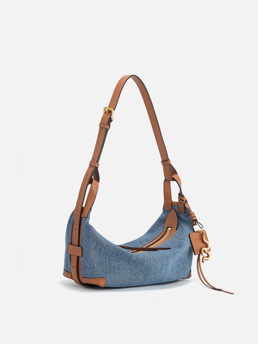 Denim Leather Crescent Baguette Bag Small Size
