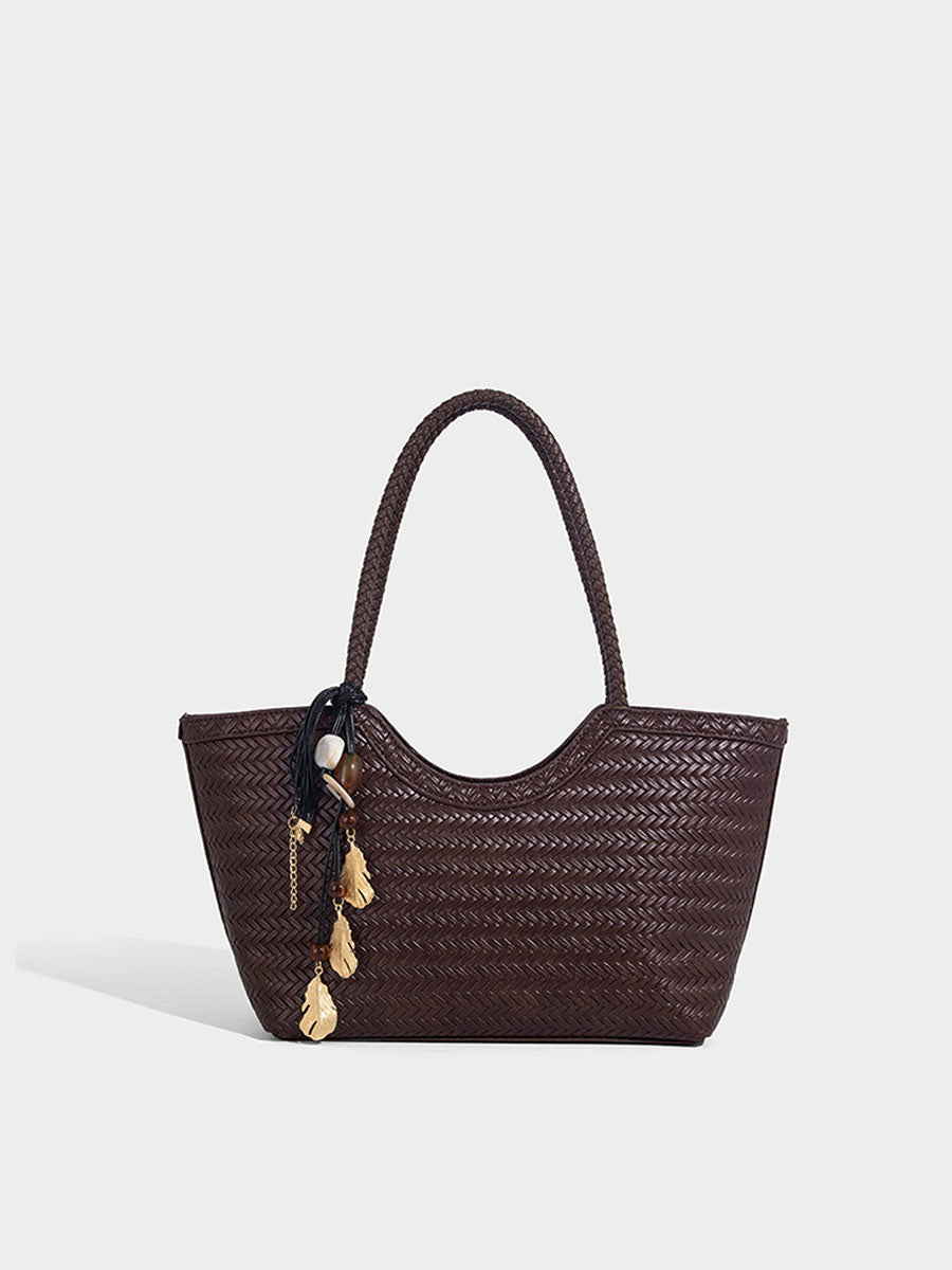 Boho Real Leather Woven Tote Bag Reddish Brown
