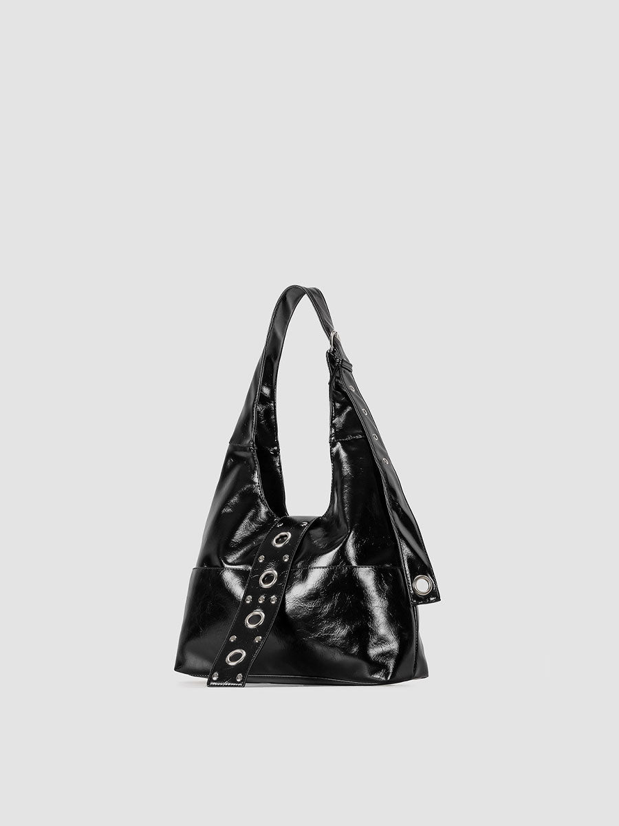 Large Patent Leather Hobo Bag with Grommet Strap Brown