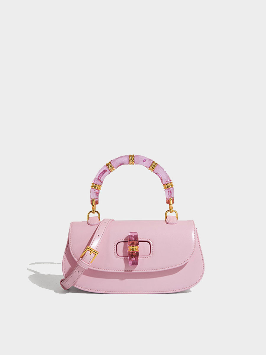 Macaron Leather Saddle Bag with Crystal Handle Black