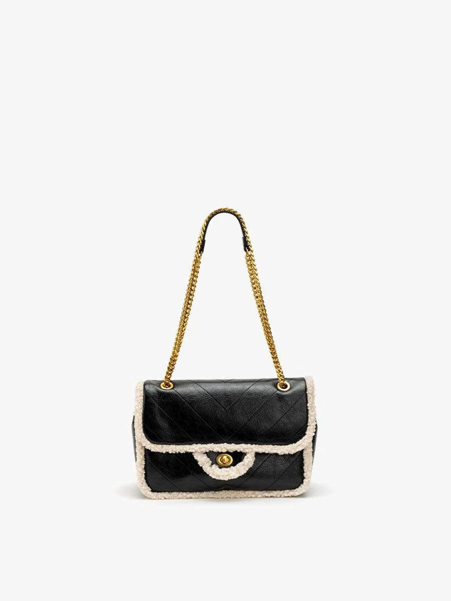 Vintage Shearling Trim Shoulder Bag Brown