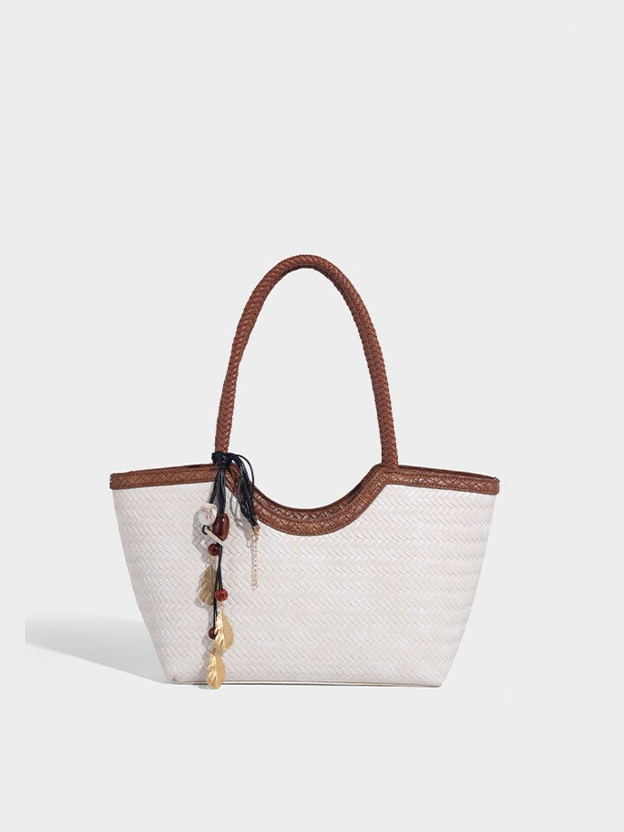 Boho Real Leather Woven Tote Bag Reddish Brown
