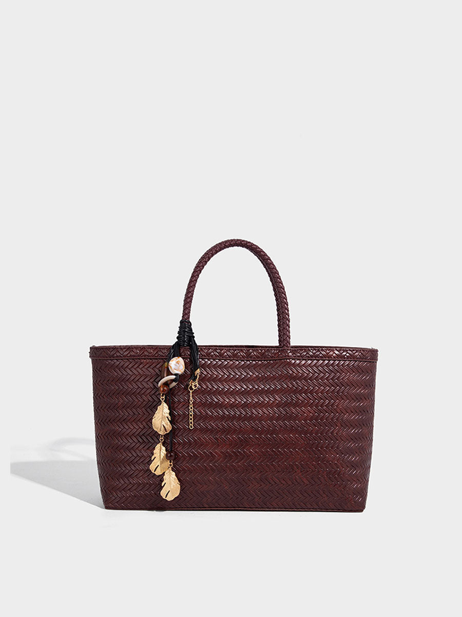 Real Leather Woven Tote Basket Bag White