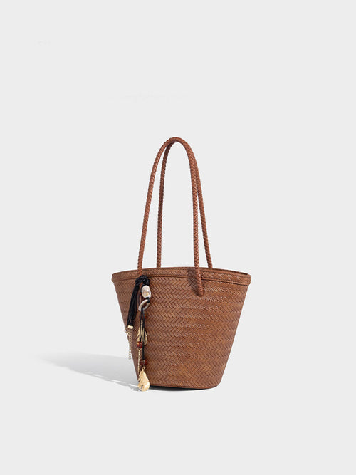 Boho Real Leather Woven Bucket Tote Bag Brown