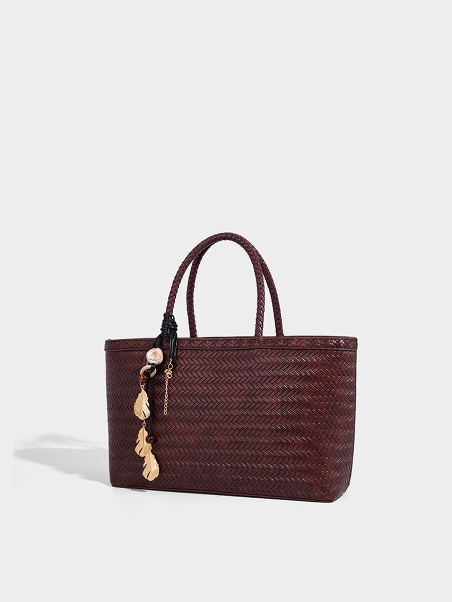 Real Leather Woven Tote Basket Bag White