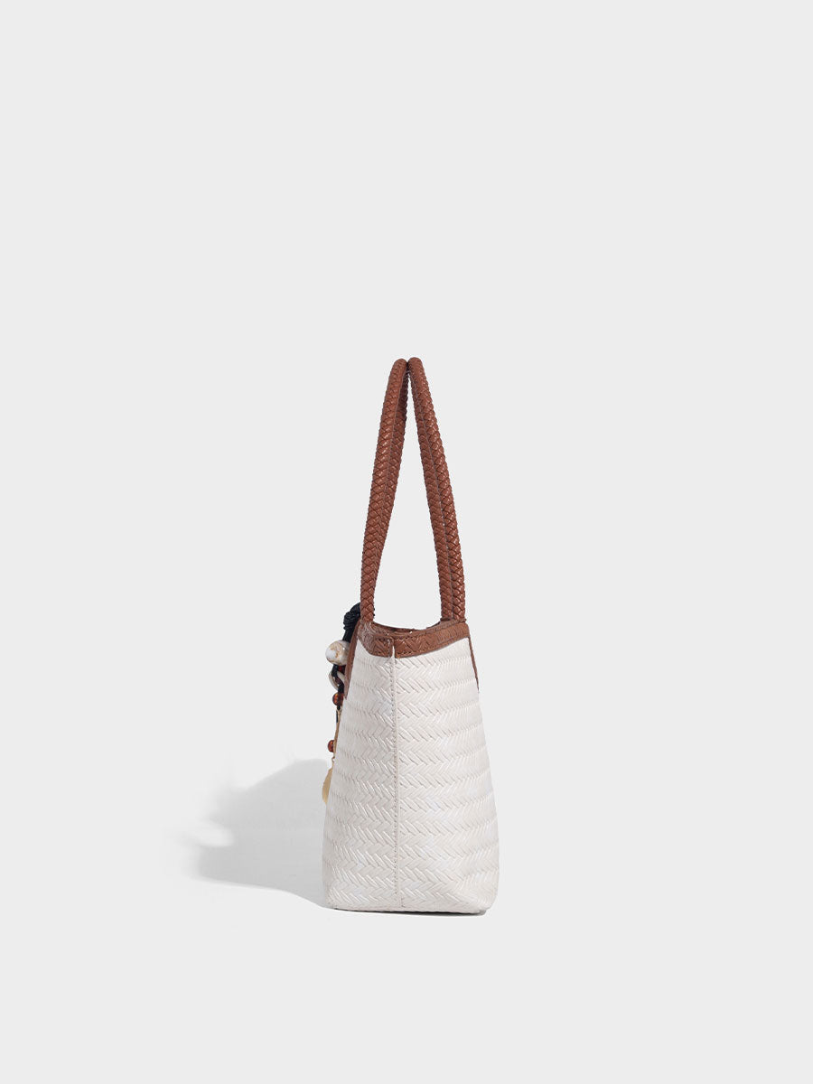 Boho Real Leather Woven Tote Bag Reddish Brown