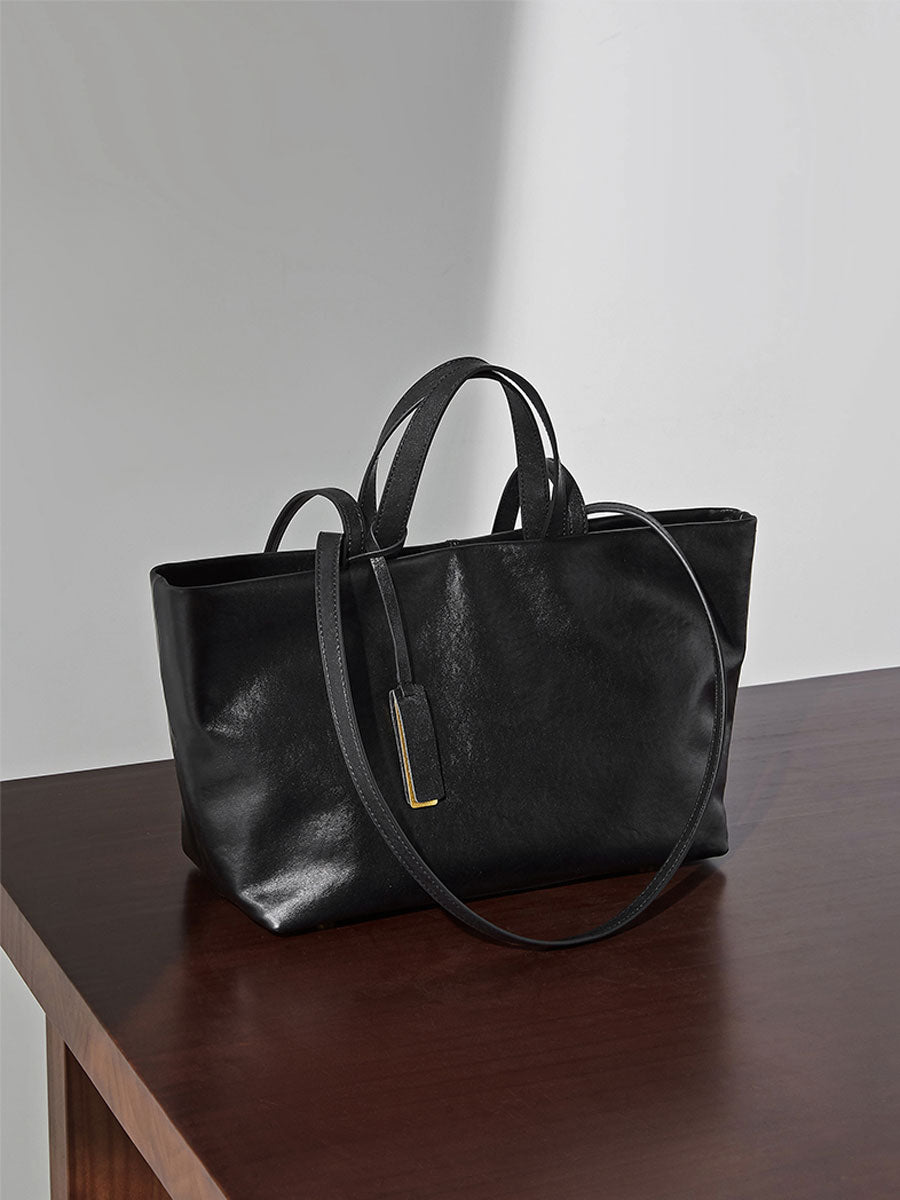 Oversize Genuine Leather Dual Handle Tote Bag Coffee