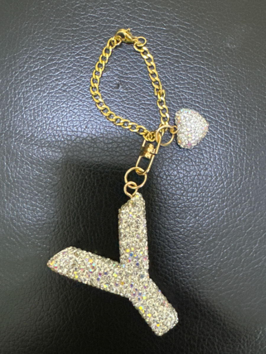 Custom Rhinestone Letter Heart Keychain