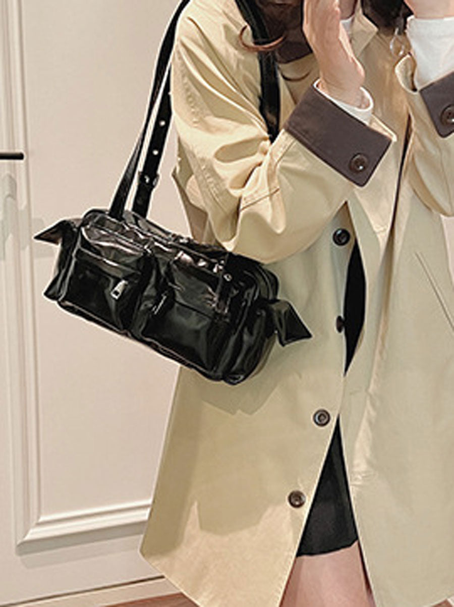 Glossy Vegan Leather Shoulder Bag Black