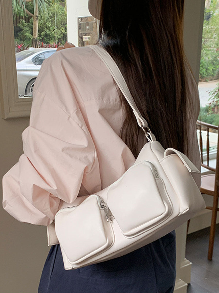 Trendy Shoulder Baguette Bag with Pockets White